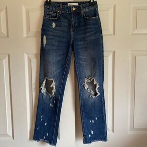 Zara Size 00 Dark Wash Distressed Jeans Straight Leg